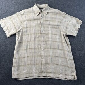 Marc Edwards‎ Shirt Men's L Beige Plaid Short Sleeve Button Up Washable Linen